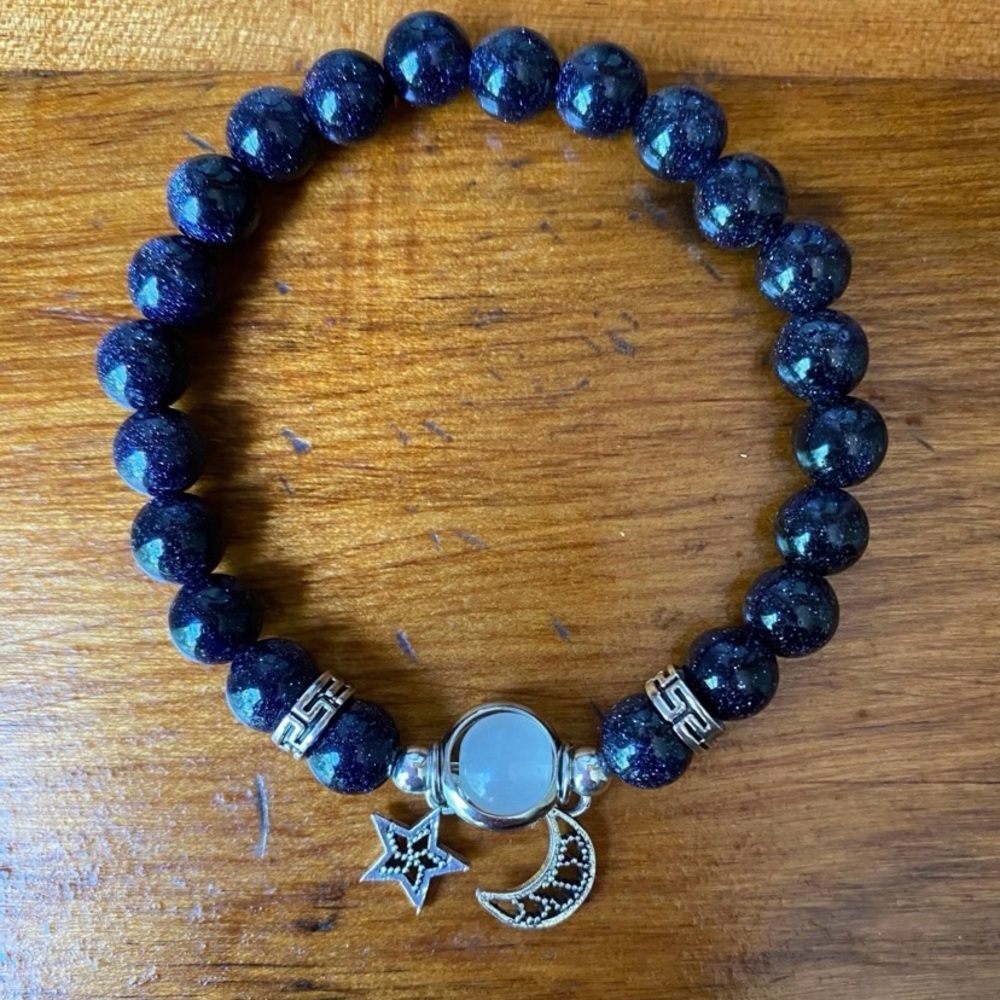 Elegant Blue Sandstone Beaded Bracelet with Silver Accents and Moonstone